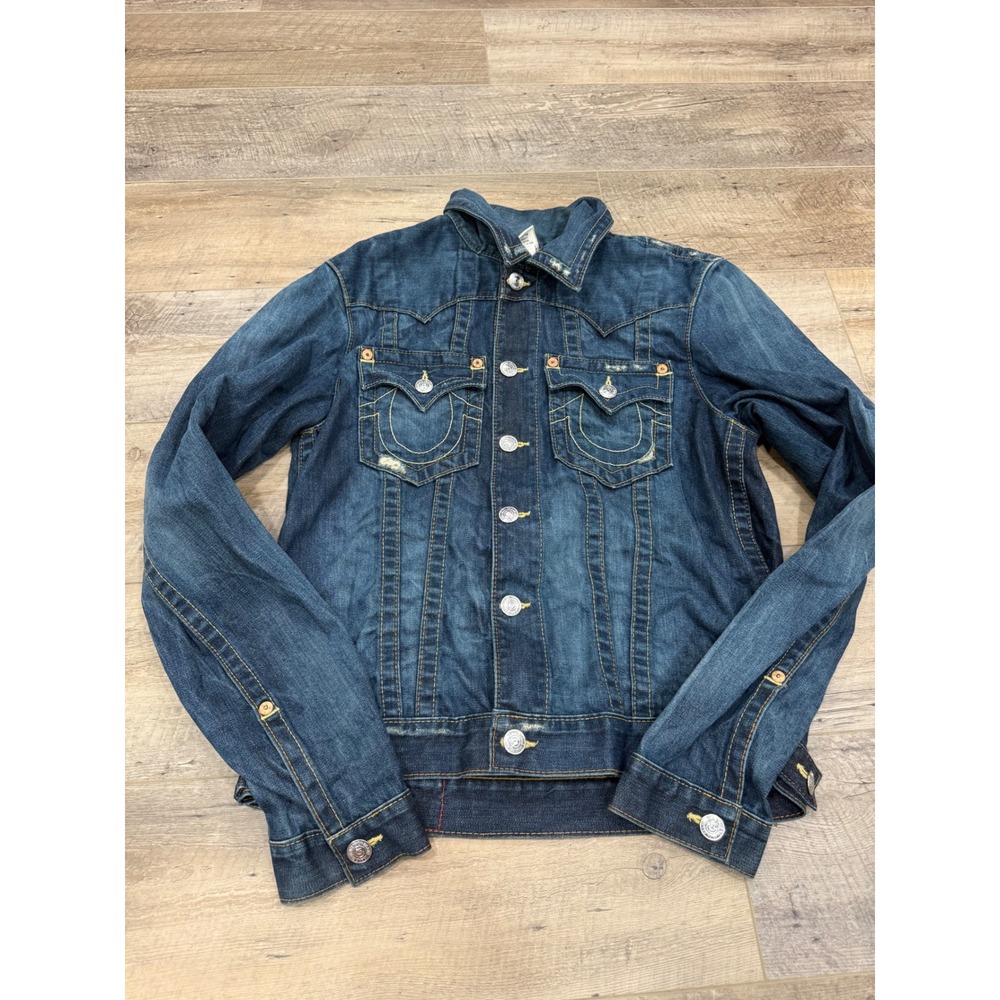 True Religion Jimmy Denim Jacket Mens Large Dark Wash Distressed Western Trucker